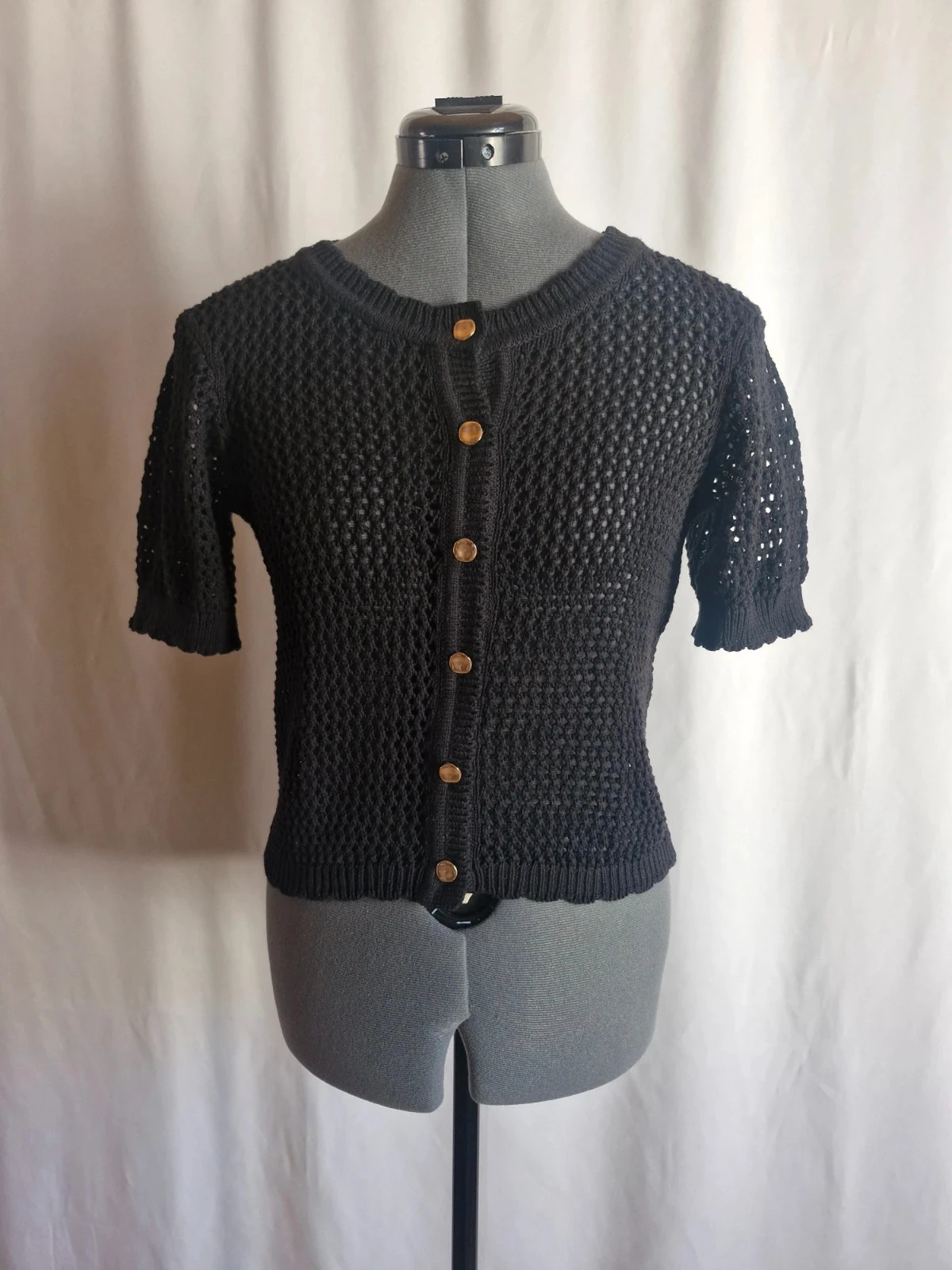 Gilet Only femme XS noir maille ajourée manches courtes boutonné